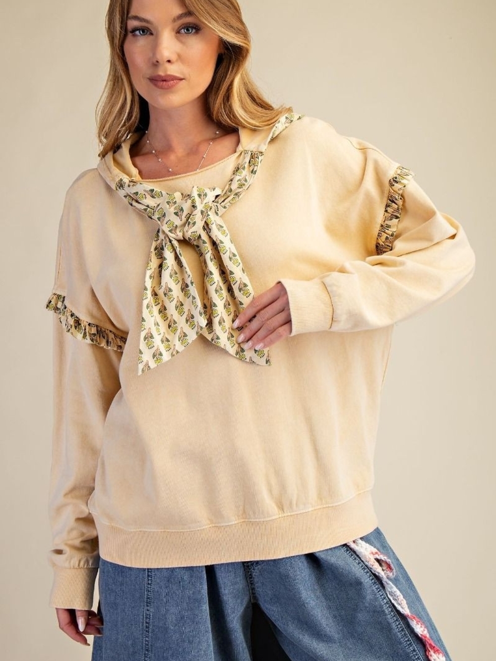 3-0908 Easel Cream Vintage Print Hooded Ruffle Tie-Neck Sweatshirt - Womens - Picture 3 of 5